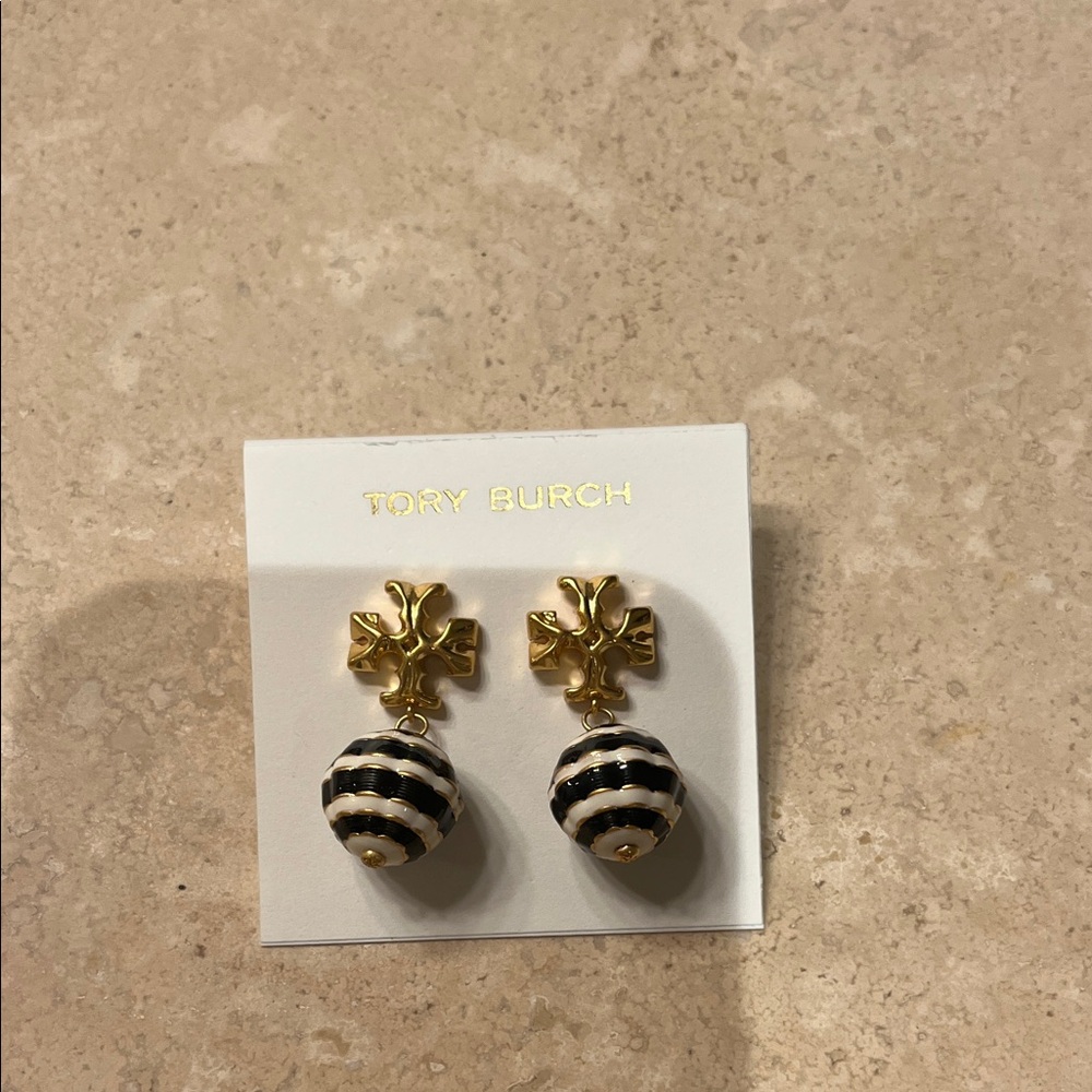 Tory Burch Gold and Black Striped Earrings